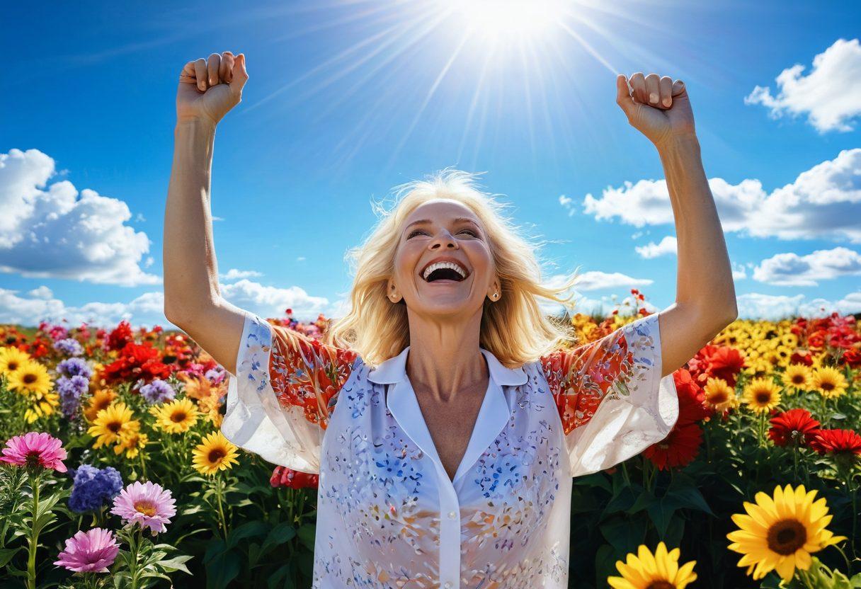A radiant scene featuring Sylvia Saint standing in a sunlit field, her arms wide open and a joyful smile, surrounded by a diverse group of people of all ages who are laughing and engaging. Vibrant flowers bloom around them, symbolizing growth and positivity. The sky is a bright blue with fluffy clouds, enhancing a sense of freedom and elation. The image should evoke feelings of inspiration and connection. super-realistic. vibrant colors.