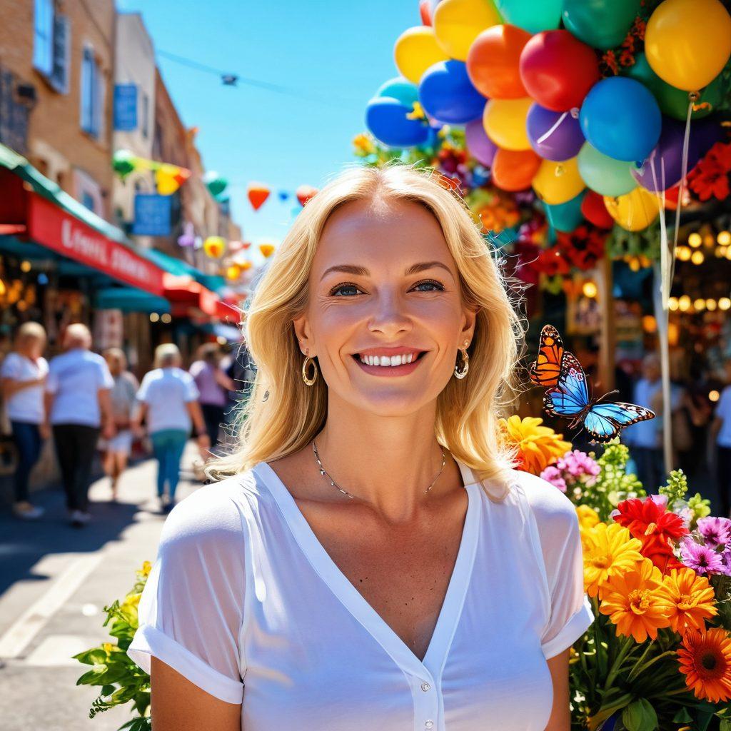 A radiant portrait of Sylvia Saint, surrounded by vibrant flowers and sunlight, smiling joyfully as she explores a colorful market filled with eclectic items and cheerful people. Include symbols of happiness like butterflies and balloons floating around her. The background should depict a lively city with art murals and greenery, showcasing a blissful lifestyle. super-realistic. vibrant colors. 3D.