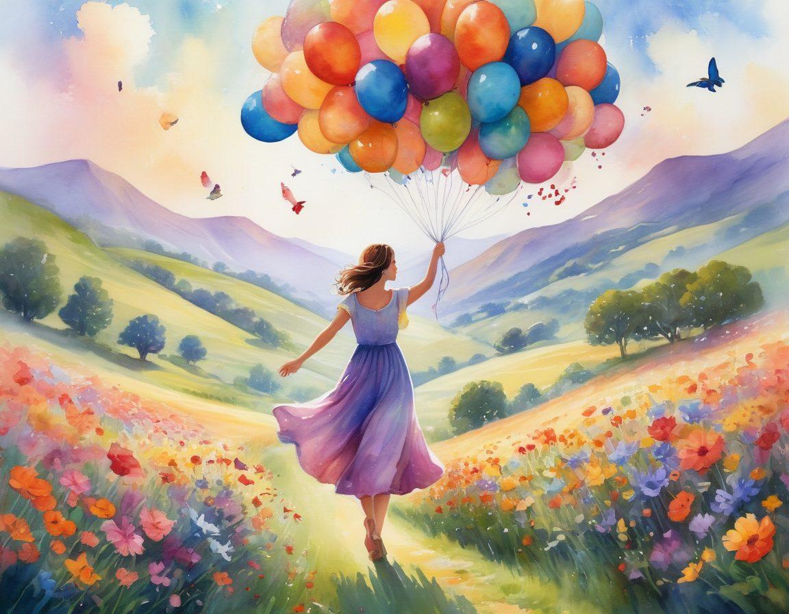 A colorful, whimsical scene depicting a joyful woman named Sylvia surrounded by vibrant flowers, whimsical butterflies, and floating balloons, all embodying the essence of cheerful moments. In the background, a sunlit landscape unfolds with sparkling streams and rolling hills, inviting viewers into her blissful experiences. The image should radiate warmth and positivity. bright colors. watercolor painting.